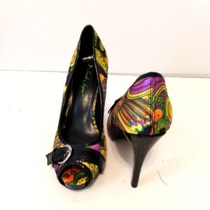 Sarah Jayne Floral Print Fabric Peep Toe 4 1/2" Heels sz 9 M